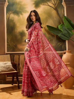 Sangria Printed Saree with Attached Blouse Cotton Blend Saree(Red)