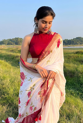 VCREATION Digital Print Bollywood Cotton Linen Saree(White, Red)