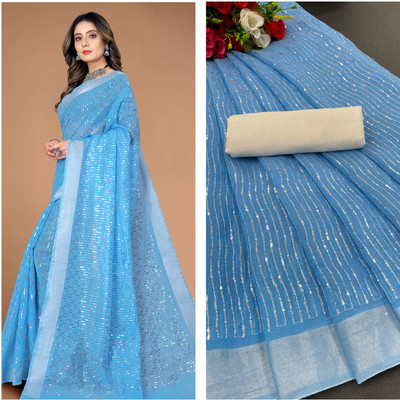 MAMERAA FAB Embellished Bollywood Cotton Silk, Chanderi Saree(Light Blue)