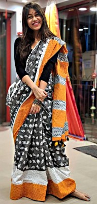 FlyCatcher Printed, Digital Print Bollywood Linen, Pure Silk Saree(Black, Multicolor)