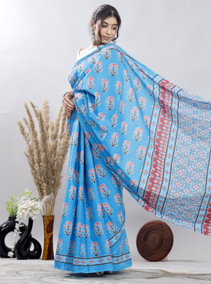Shiv Clothing Printed Ikkat Cotton Blend Saree(Light Blue)