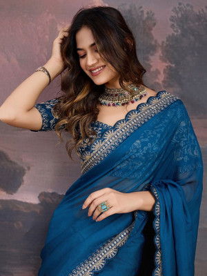 Vivan Fab Embellished Banarasi Silk Blend Saree(Blue)