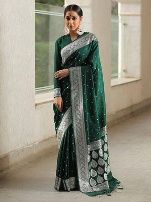 Moda Rapido Woven Banarasi Cotton Blend Saree(Green)