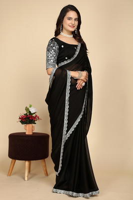 JIVI CLOTHING Embroidered, Solid/Plain Bollywood Chiffon Saree(Black)