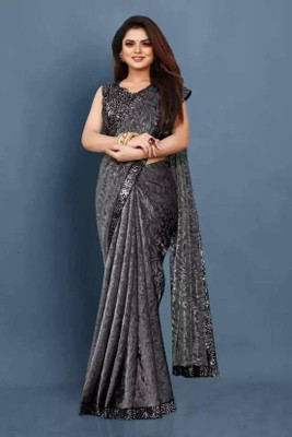 Karyavar Floral Print Bollywood Lycra Blend Saree(Grey)