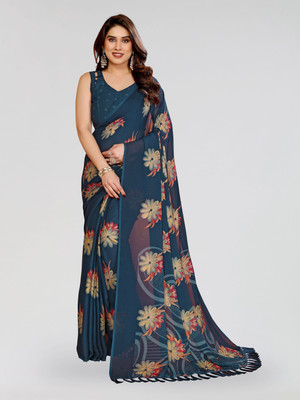sadika Printed Daily Wear Silk Blend Saree(Dark Blue)