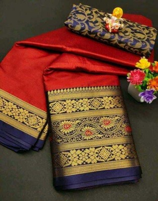 RUHKRUSH Embellished, Self Design, Woven, Solid/Plain Bollywood Cotton Silk, Cotton Jute Saree(Red)