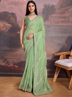 House of Pataudi Embroidered Bollywood Organza Saree(Light Green)