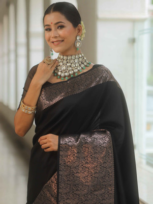 RASVRITI Solid/Plain Kanjivaram Pure Silk, Art Silk Saree(Black)