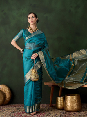 Sangria Woven Saree with Attached Blouse Organza Saree(Light Blue)