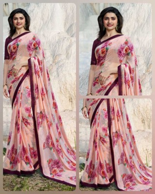 peer store Printed, Self Design, Digital Print, Embroidered, Floral Print, Solid/Plain Daily Wear Georgette, Chiffon Saree(Pink)