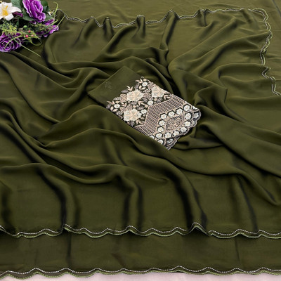 K 5 FASHION Solid/Plain Bollywood Chiffon Saree(Light Green)