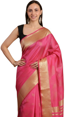 EZIESHREE Floral Print Banarasi Pure Silk Saree(Pink)