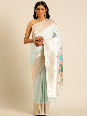 Tasrika Woven Paithani Pure Silk Saree(Light Blue)