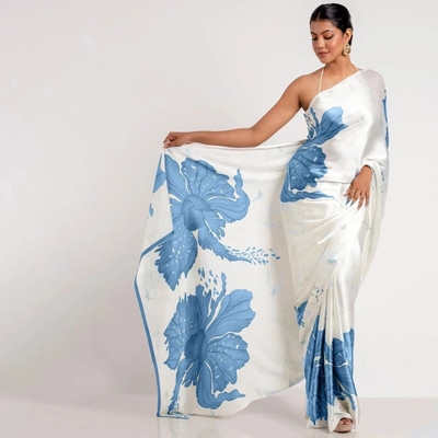 fashionfever Printed Bollywood Crepe, Satin Saree(White, Blue)
