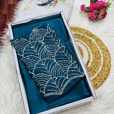 HouseOfCommon Embellished, Embroidered, Solid/Plain Bollywood Chiffon, Pure Silk Saree(Blue)