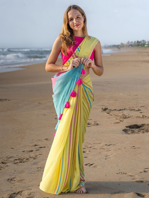 AMRUTKALA SAREES Printed Bollywood Cotton Linen Saree(Multicolor)