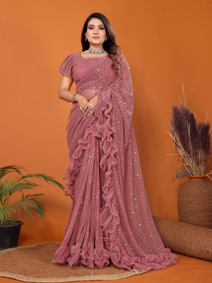 AKFABRICS Self Design Bollywood Net Saree(Pink)