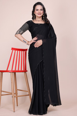 Zenophily Embroidered, Solid/Plain Maheshwari Chiffon Saree(Black)