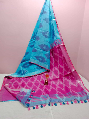 Manikant Handloom Printed Ikkat Cotton Linen Saree(Light Blue)