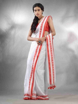 ADbutiq Woven Tant Pure Cotton Saree(White)