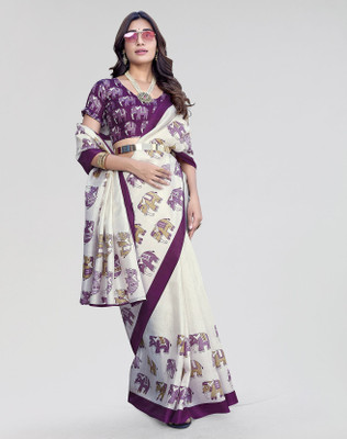 ANIRAV Printed Mysore Art Silk Saree(Purple, White)