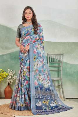 jeravi Digital Print Mysore Cotton Linen Saree(Light Blue)