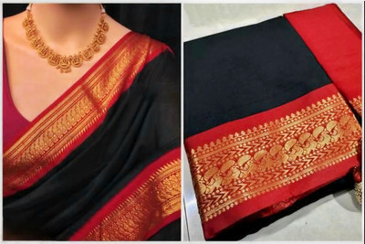Mortal Textile Woven Handloom Cotton Silk Saree(Black)