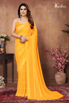 kashvi sarees Embellished, Self Design, Striped Bollywood Satin Saree(Yellow)
