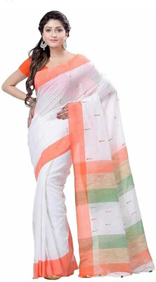 AjoyDas Self Design Handloom Pure Cotton Saree(White)