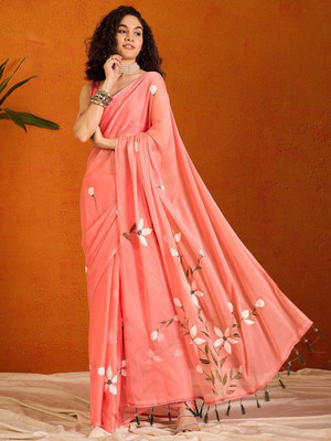 infello Floral Print, Printed, Striped Bollywood Cotton Linen Saree(Orange)