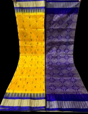 Shadan mart Temple Border Sambalpuri Handloom Silk Blend Saree(Gold)