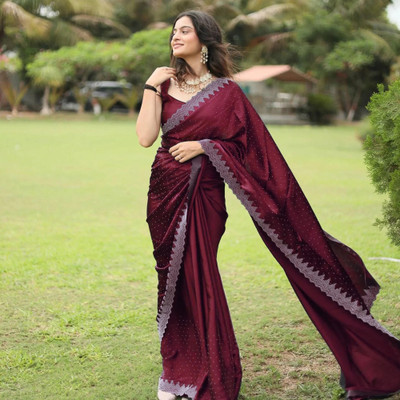 YASHIKA Embellished Bollywood Satin Saree(Maroon)