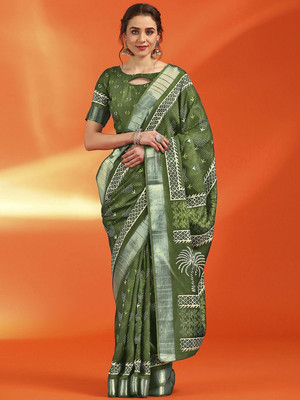 Anouk Rustic Printed Chinnalapattu Silk Blend Saree(Green)