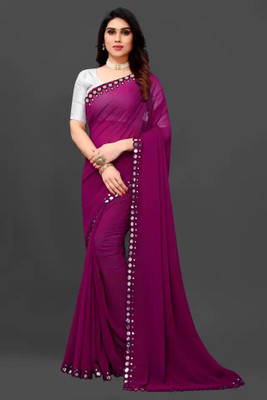 SATINTHRID Self Design, Solid/Plain Bollywood Georgette Saree(Purple)
