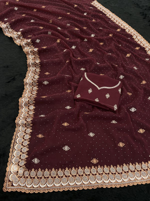 Mikhushop Embellished Bollywood Organza Saree(Maroon)