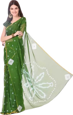 Swarne Printed Bandhani Chiffon Saree(Green)