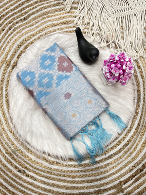 Clothestic Woven, Checkered Kanjivaram Jacquard, Cotton Linen Saree(Light Blue)