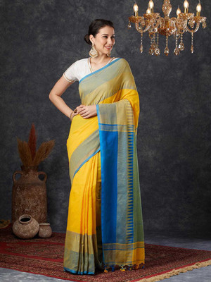 ADbutiq Woven Handloom Handloom Pure Cotton Saree(Yellow, Blue)