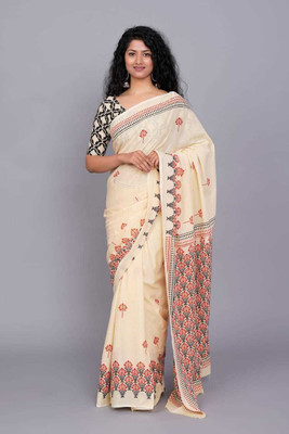 Kiaaron Printed Daily Wear Pure Cotton Saree(Cream)