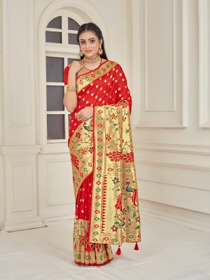 Pionex Woven Paithani Jacquard, Pure Silk Saree(Red)