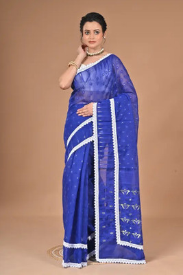 DRAPERIA Woven Jamdani Cotton Silk Saree(Blue)
