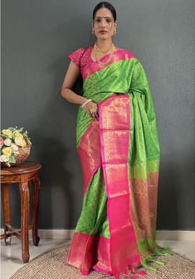 Aquiliq Woven Kanjivaram Cotton Silk Saree(Pink)