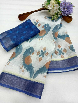 Mervadiya Digital Print Bollywood Linen, Cotton Linen Saree(Blue)