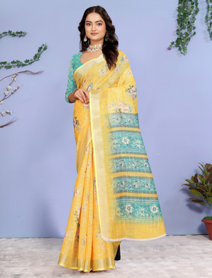 MAANVIT Printed Kanjivaram Pure Cotton, Cotton Linen Saree(Yellow)