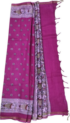 TASKEEN Printed, Floral Print, Graphic Print Madhubani Handloom Cotton Linen Saree(Magenta)