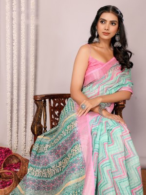 Janasya Floral Print Daily Wear Cotton Linen Saree(Green)