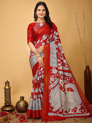 Anouk Rustic Printed Chinnalapattu Cotton Blend Saree(Red)