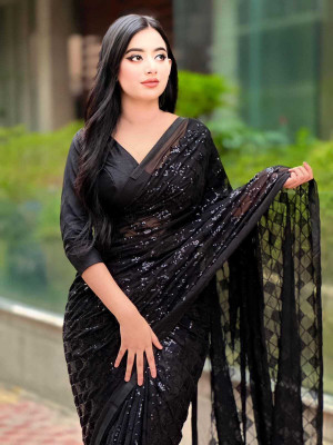 ANGEL CREATIVE Solid/Plain Handloom Georgette Saree(Black)