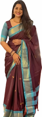 AAYATFABRICS Woven Banarasi Cotton Silk Saree(Brown)